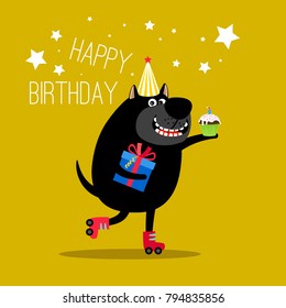 Birthday dog label. Happy dog on rollers and with gifts for greeting card vector illustration