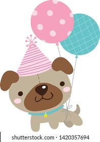 Birthday dog with party hat and balloons