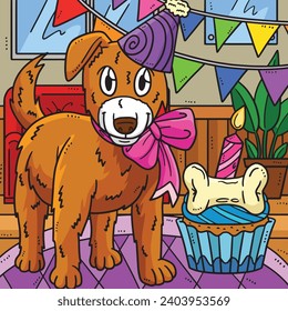 Birthday Dog with a Party Hat Colored Cartoon 