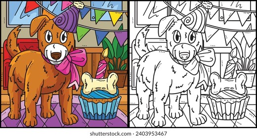 Birthday Dog with Party Hat Coloring Illustration