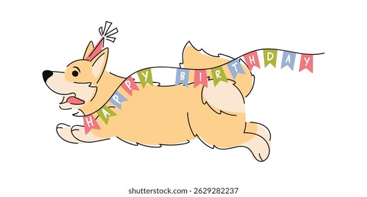 Birthday dog running with garland