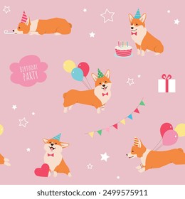 Birthday dog seamless pattern on pink background. Cartoon Corgi with balloons, cake, gift and decorations vector illustration