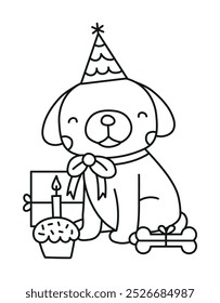 Birthday dog vector line drawing illustration