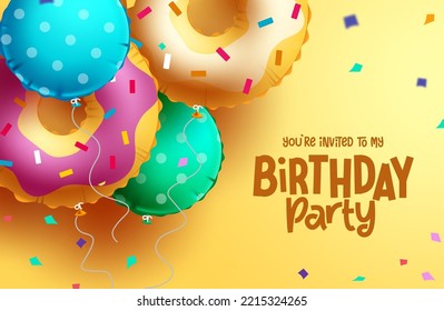 Birthday donut balloons vector design. Happy birthday greeting text with colorful doughnut balloon floating decoration elements background. Vector Illustration.