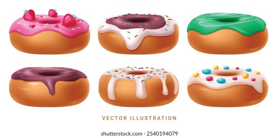 Aniversário donut vetor conjunto design. Donuts coloridos com sabor variado e elementos doces de coberturas para a festa de férias em fundo branco. Coleção de alimentos de sobremesa realista ilustração vetorial.
