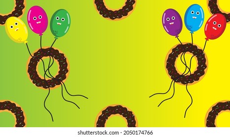 Birthday donuts with balloon colored on a green and yellow background with copyspace to side