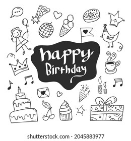 fondo de doodle de cumpleaños. diseño feliz de elementos de cumpleaños con estilo doodle. concepto de feliz cumpleaños. uso para invitación de diseño de elementos