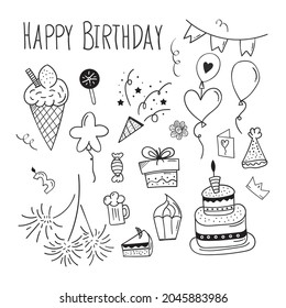 Geburtstagsdoodle-Hintergrund. Happy Geburtstag Element Design mit Doodle-Stil. Glückwunsch zum Geburtstag. Verwendung für die Einladung zum Entwurf von Elementen