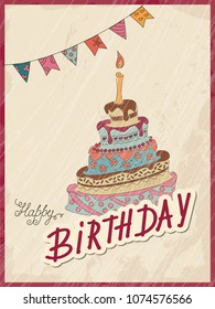 Birthday doodle cake patterned in zen tangled style with candle, flowers. Greeting birthday card with handwritten inscription Happy Birthday on the vintage background. eps10.
