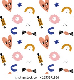 Birthday doodle candy sweets and hearts flat vector seamless pattern design in scandinavian style