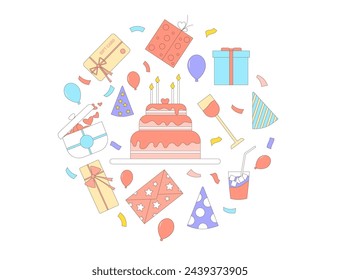 Birthday doodle circle composition. Anniversary elements round emblem. Set of celebration objects. Holiday event cake and presents. Collection of balloons drinks and confetti gift card. Vector.