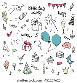 birthday doodle collection of hand-painted color elements, isolated on white background