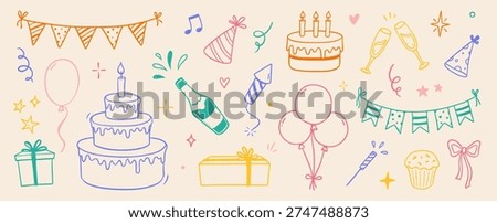 Birthday doodle color icon element. Hand drawn sketch doodle birthday cake, party gift, event hat cute decoration element. Party, carnival celebration concept background. Vector illustration