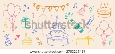 Birthday doodle color icon element. Hand drawn sketch doodle birthday cake, party gift, event hat cute decoration element. Party, carnival celebration concept background. Vector illustration