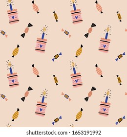 Birthday doodle cream cakes and sweets flat vector seamless pattern design in scandinavian style