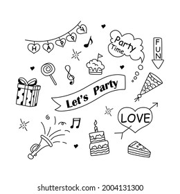 Birthday doodle elements isolated on white background. Vector illustration