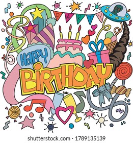 birthday doodle hand drawn illustrations for greeting cards design background. Happy Birthday to you. Party elements.

