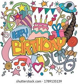 Birthday Doodle Hand Drawn Illustrations Greeting Stock Vector (Royalty ...