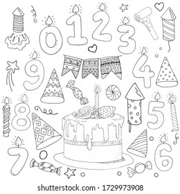 Birthday Doodle Hand Made. Cake with candles in the form of numbers, festive paraphernalia: caps, fireworks, confit, sweets, flags, cupcakes, cakes. Elements for a merry congratulations.