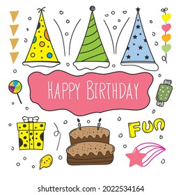 birthday doodle. happy birthday element design with doodle style. happy birthday concept. use for element design invitation