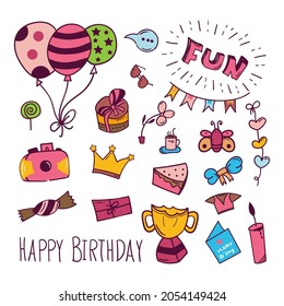 Birthday doodle icon in colourful