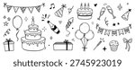 Birthday doodle icon element. Hand drawn sketch doodle birthday cake, party gift, event hat cute decoration element. Party, carnival celebration concept background. Vector illustration