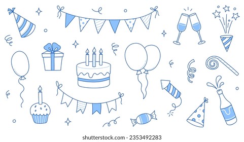 Birthday doodle icon element. Hand drawn sketch doodle birthday cake, balloon, event decoration element. Party, carnival celebration concept background. Vector illustration.