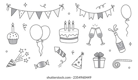 Elemento de icono del doodle de cumpleaños. Dibujo a mano tarta de cumpleaños doodle, globo, elemento de decoración de eventos. Antecedentes del concepto de fiesta, celebración del carnaval. Ilustración vectorial.