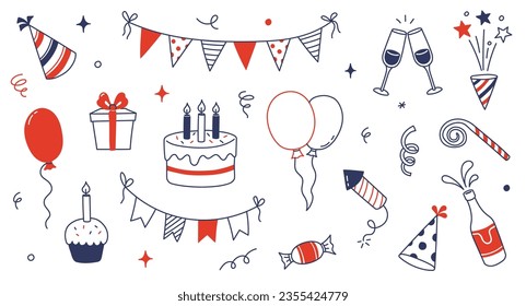 Birthday doodle icon element. Hand drawn sketch doodle birthday cake, balloon, event decoration element. Party, carnival celebration concept background. Vector illustration.