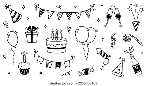 Elemento de icono del doodle de cumpleaños. Dibujo a mano tarta de cumpleaños doodle, globo, elemento de decoración de eventos. Antecedentes del concepto de fiesta, celebración del carnaval. Ilustración del vector