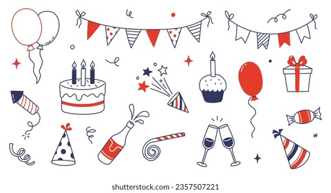 Birthday doodle icon element. Hand drawn sketch doodle birthday cake, balloon, event decoration element. Party, carnival celebration concept background. Vector illustration.