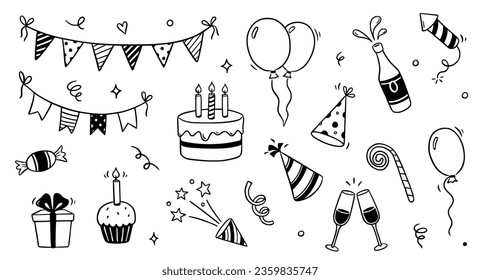 Birthday doodle icon element. Hand drawn sketch doodle birthday cake, balloon, event decoration element. Party, carnival celebration concept background. Vector illustration