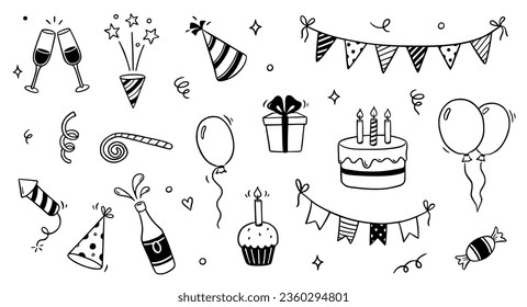 Birthday doodle icon element. Hand drawn sketch doodle birthday cake, balloon, event decoration element. Party, carnival celebration concept background. Vector illustration