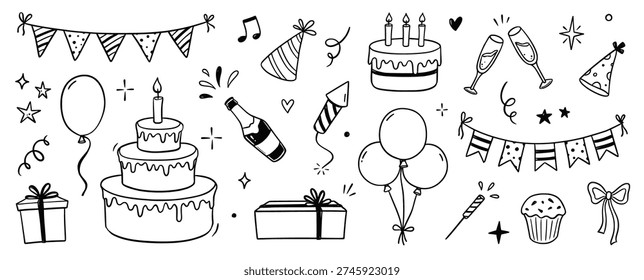 Birthday doodle icon element. Hand drawn sketch doodle birthday cake, party gift, event hat cute decoration element. Party, carnival celebration concept background. Vector illustration