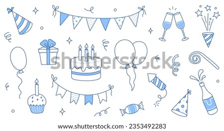 Birthday doodle icon element. Hand drawn sketch doodle birthday cake, balloon, event decoration element. Party, carnival celebration concept background. Vector illustration.