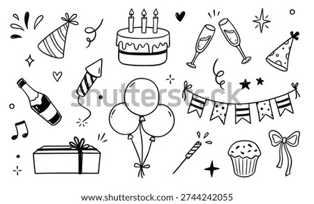 Birthday doodle icon element. Hand drawn sketch doodle birthday cake, party gift, event hat cute decoration element. Party, carnival celebration concept background. Vector illustration