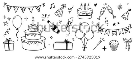 Birthday doodle icon element. Hand drawn sketch doodle birthday cake, party gift, event hat cute decoration element. Party, carnival celebration concept background. Vector illustration