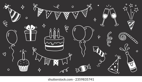 Birthday doodle icon element on chalkboard background. Hand drawn sketch doodle birthday cake, balloon, event decoration element. Party, carnival celebration concept background. Vector illustration