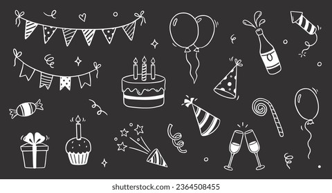 Birthday doodle icon element on chalkboard background. Hand drawn sketch doodle birthday cake, balloon, event decoration element. Party, carnival celebration concept background. Vector illustration