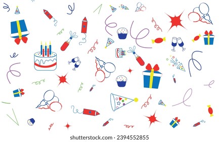 Juego de elementos de icono del doodle de cumpleaños. Dibujo manual de boceto de cumpleaños. Antecedentes del concepto de fiesta, celebración del carnaval.