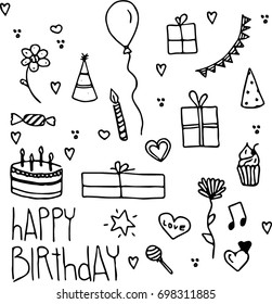 birthday doodle icon set drawn 