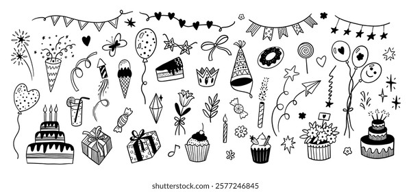 Birthday doodle icons. Cartoon black sketch elements for child party invitation card, cute line balloons gifts cake candles. Vector outline set.