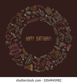 Birthday doodle icons decorative festive round frame wreath vector