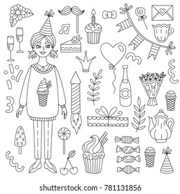 Birthday doodle icons and birthday girlblack and white vector set