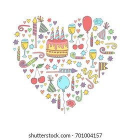 Birthday Doodle Icons Hand Drawn Party Symbols Colorful Heart Shape Vector Set