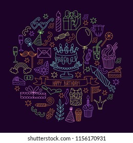 Birthday doodle icons line vector set in circle