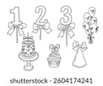 Birthday doodle illustration with number cake toppers with bows, a decorated cake, a cupcake, balloons, and, all drawn in black and white line art style. Vector contour drawings for coloring pages