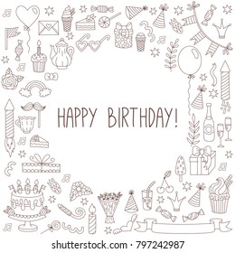 Birthday doodle line cute icons round frame border vector