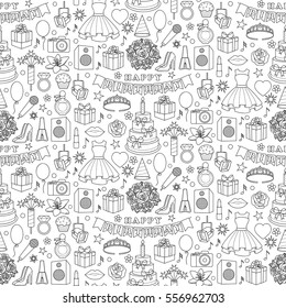 Birthday doodle seamless pattern with girl objects and elements on white background. Coloring page.