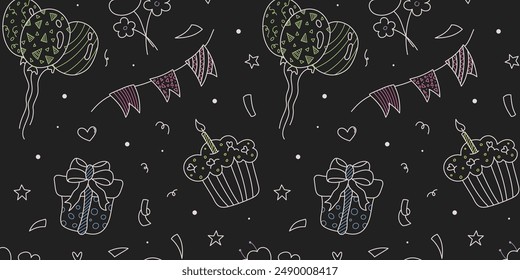 Birthday Doodle seamless pattern with hand drawn elements. Birthday cupcake with candle, giftbox, garland and baloons. Festive vector illustration for background, invitation design, banner, wrapping